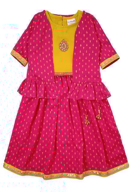 Snowflakes Girls Lehenga, Choli & Jacket Set - Pink & Yellow