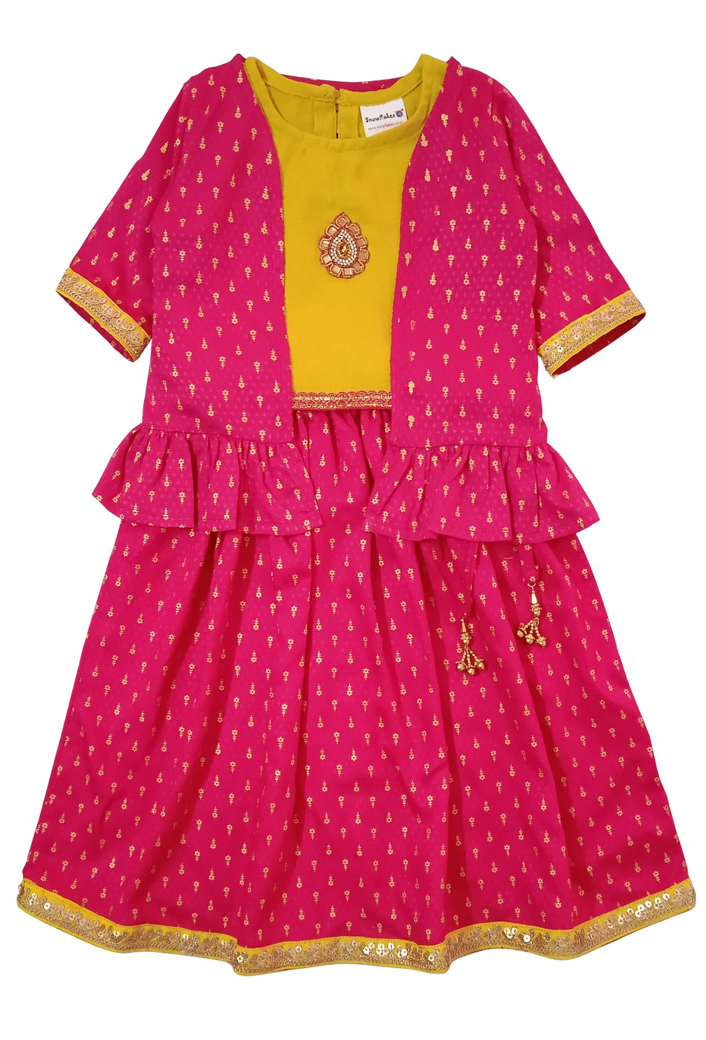 Snowflakes Girls Lehenga, Choli & Jacket Set - Pink & Yellow
