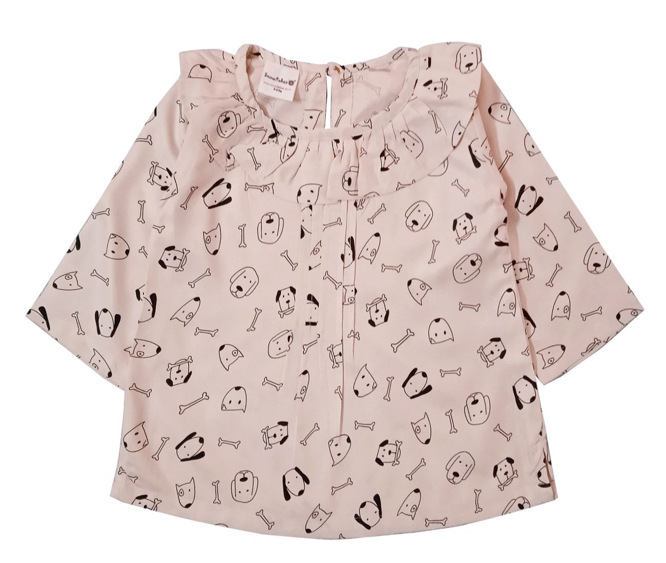 Snowflakes Girls 3/4th Sleeve Top With Dog Prints - Off White