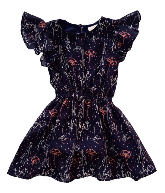 Snowflakes Girls Frock with Floral Print -  Dark Blue