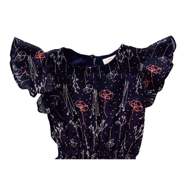 Snowflakes Girls Frock with Floral Print -  Dark Blue
