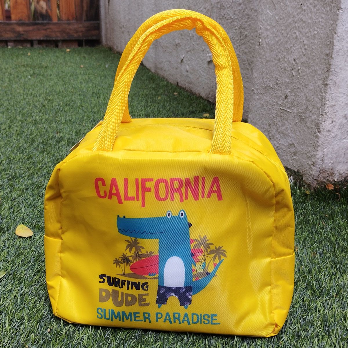 Snowflakes Kids Lunch Bag With Surfing Dude on Summer Paradise Print -Yellow