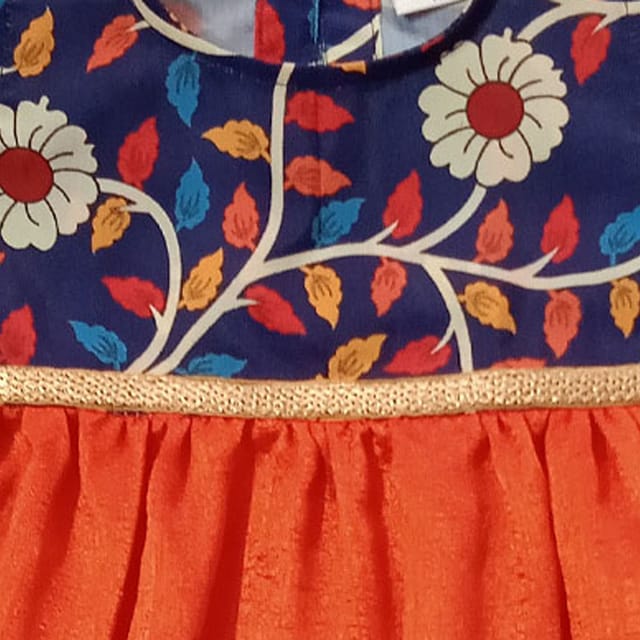 Snowflakes Girls 2 Panel Frock with Floral Print - Orange & Blue