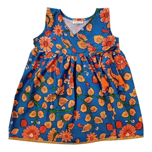 Baby Girl's Jabla Style Frock with Floral Kalamkari Print - Blue