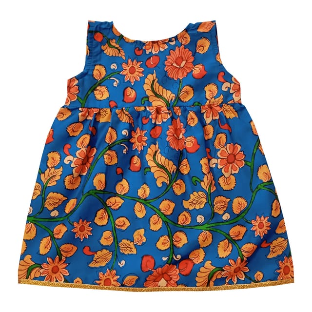 Baby Girl's Jabla Style Frock with Floral Kalamkari Print - Blue