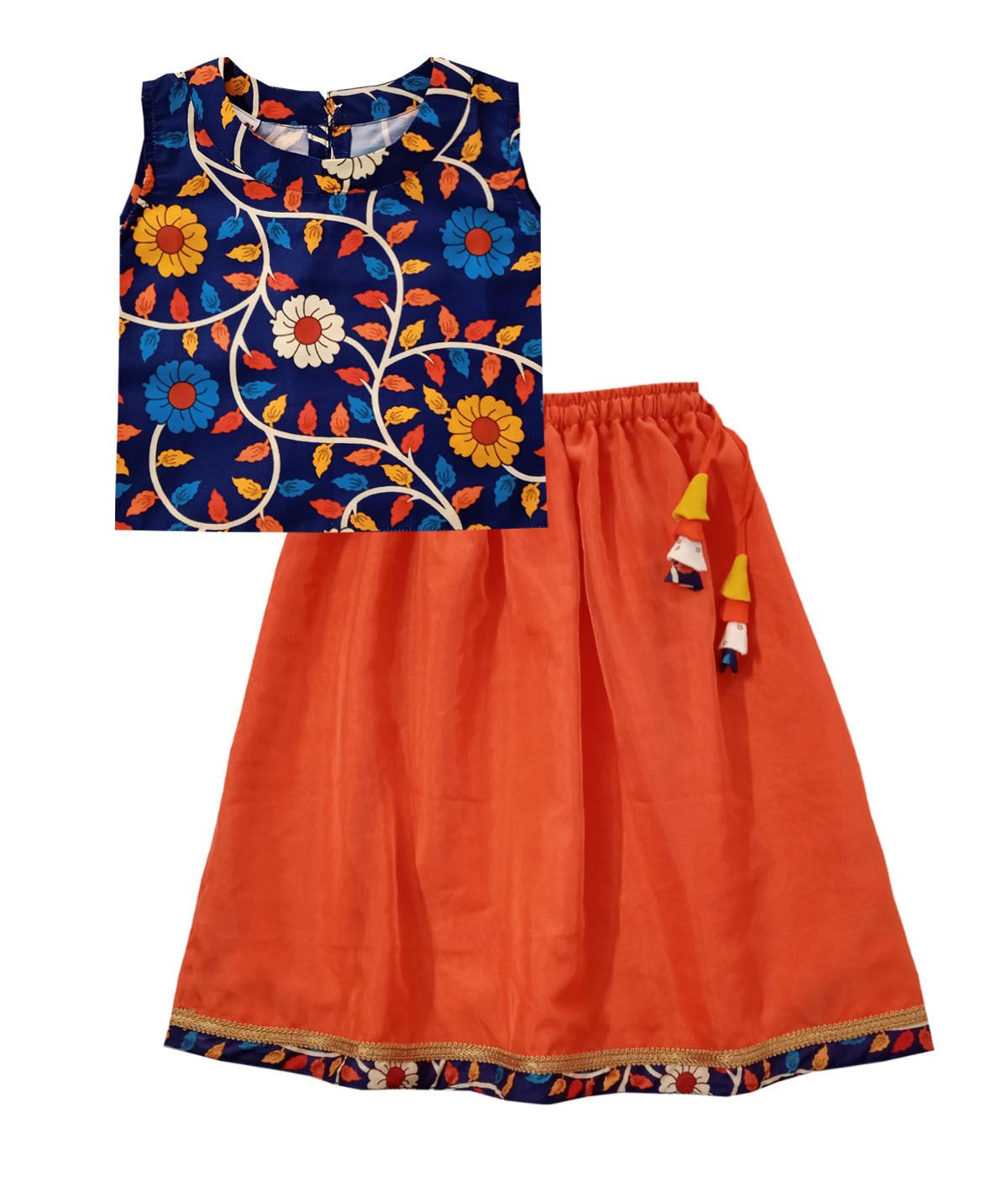 Snowflakes Girls Lehenga Set With Kalamkari Floral Printed Top And Organza Lehenga -Dark Blue & Orange