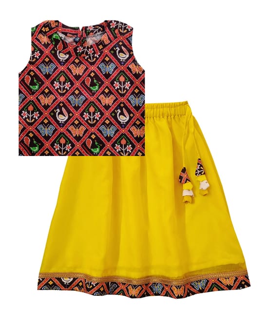 Snowflakes Girls Lehenga Set With Patola Printed Top And Organza Lehenga -Black & Yellow