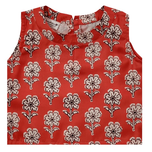 Snowflakes Girls Lehenga Set With Floral Printed Top And Solid Organza Bottom - Red & Black