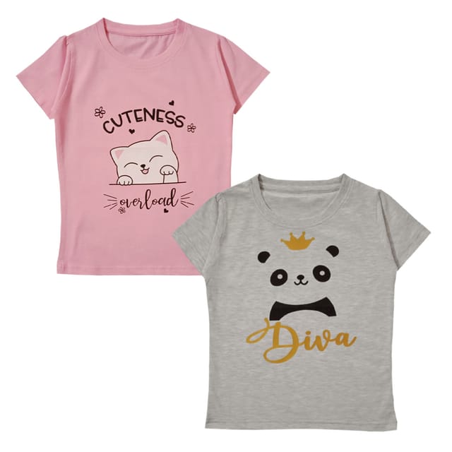 Snowflakes Girls Half Sleeve Cotton Printed T-shirt Combo ( Pack of 2) - Pink &Off white