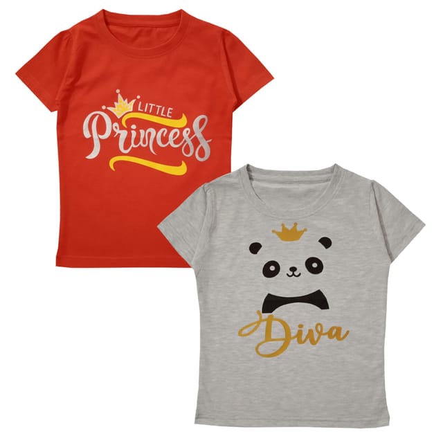 Snowflakes Girls Half Sleeve Cotton Printed T-shirt Combo ( Pack of 2) - Orange & Off White