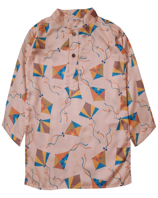 Snowflakes Boys kurta With Kite Prints And Pyjama Set -Peach & White