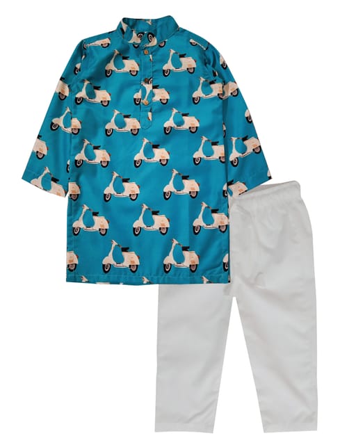 Snowflakes Boys kurta With Scooter Prints And Pyjama Set -Green & White