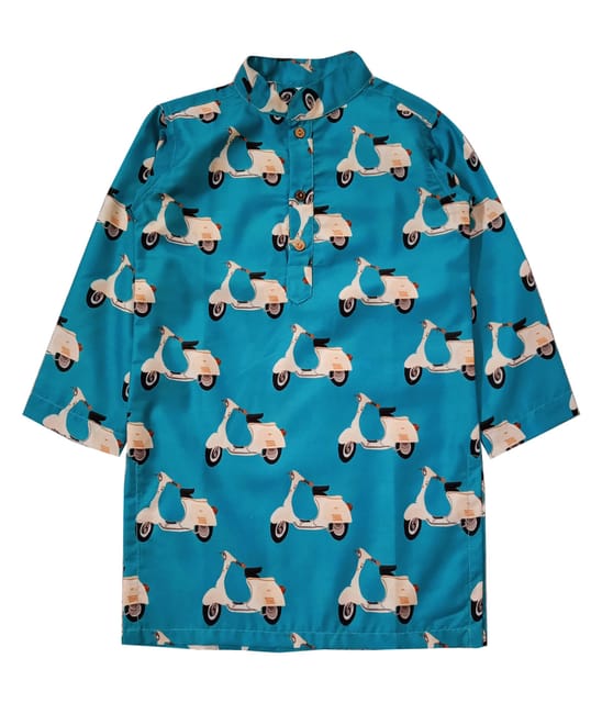 Snowflakes Boys kurta With Scooter Prints And Pyjama Set -Green & White