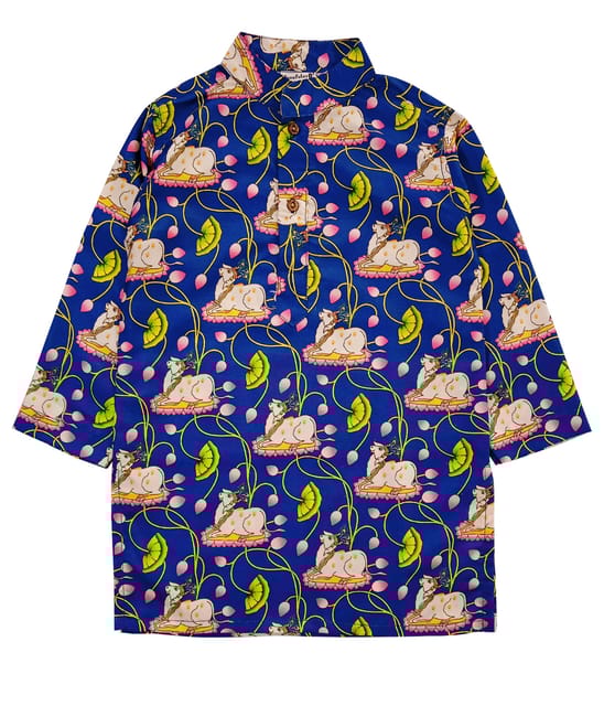 Snowflakes Boys Kurta With Cow Prints And Pyjama Set -Navy Blue & White