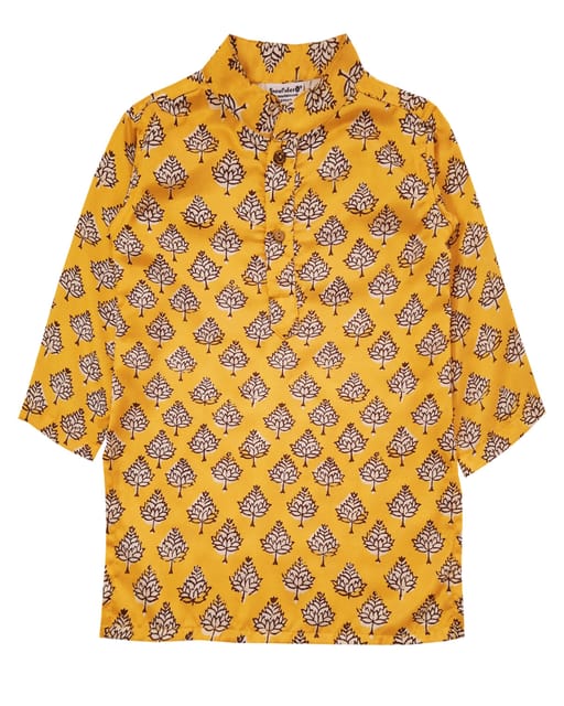 Snowflakes Boys kurta With Leaf Prints And Pyjama Set -Yellow & White