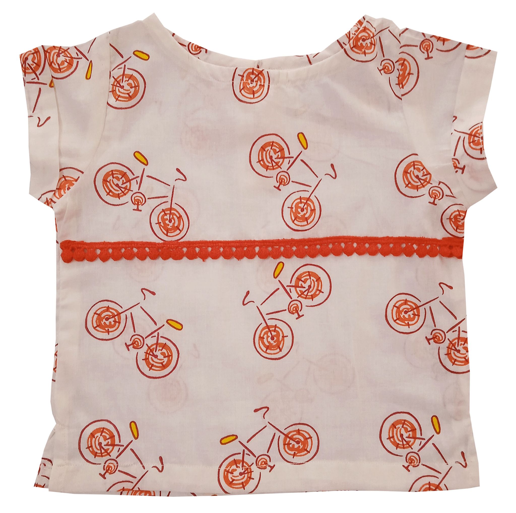 Snowflakes Girls Top With Cycle Prints- White