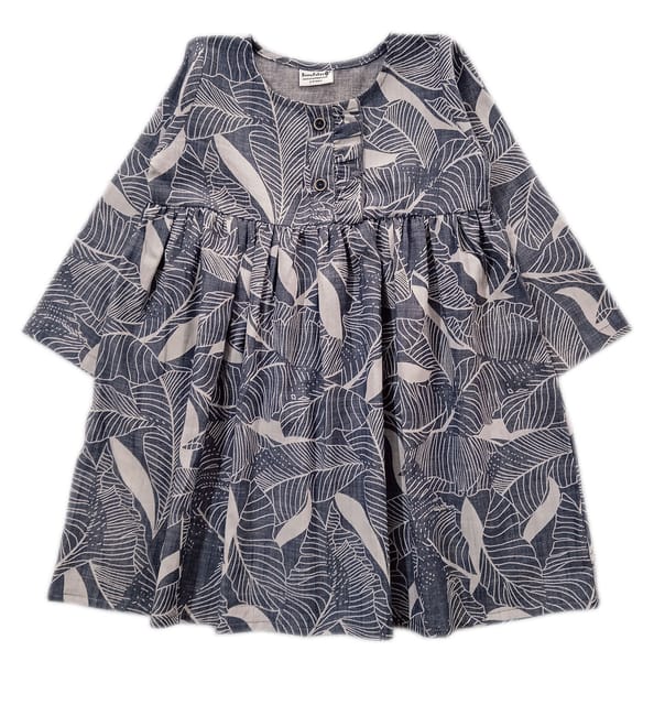 Snowflakes Girls 3/4th Sleeves Denim Frock With Leaf Print - Grey