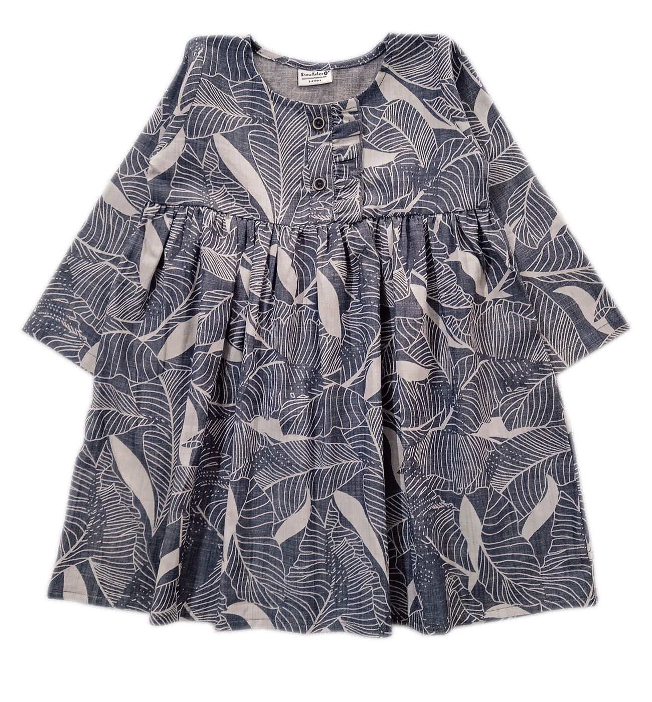 Snowflakes Girls 3/4th Sleeves Denim Frock With Leaf Print - Grey
