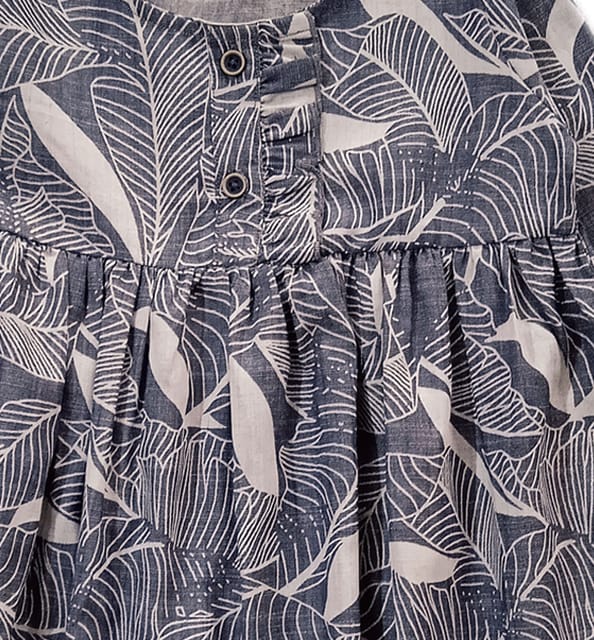Snowflakes Girls 3/4th Sleeves Denim Frock With Leaf Print - Grey