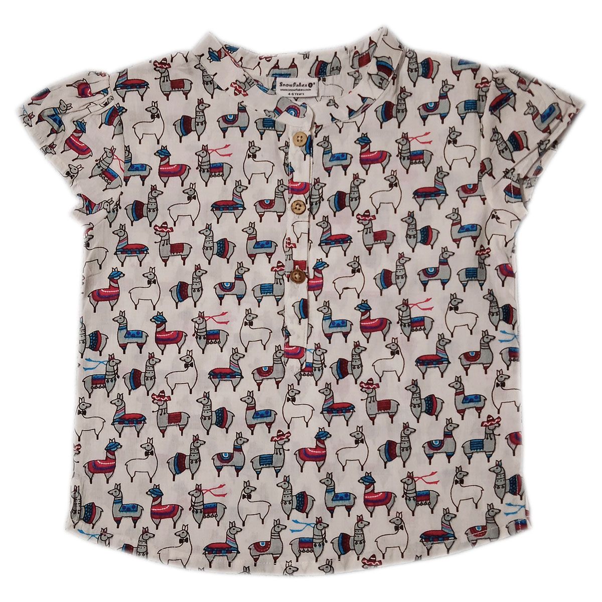 Snowflakes Girls Top With Llama Prints- White