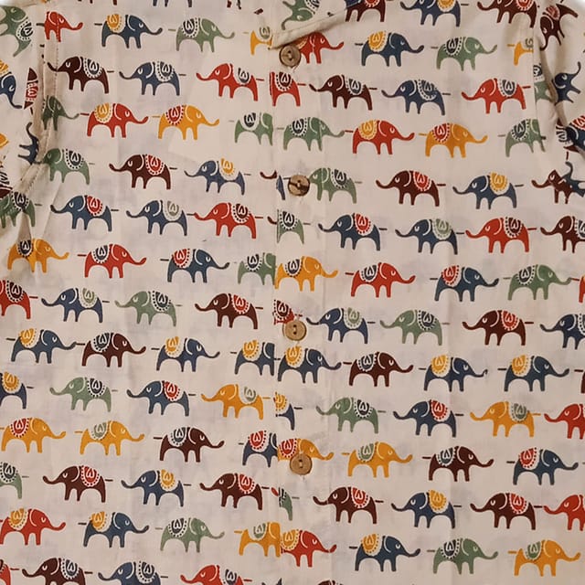 Snowflakes Boys Half Sleeve Shirt With Small Elephant Prints - Cream
