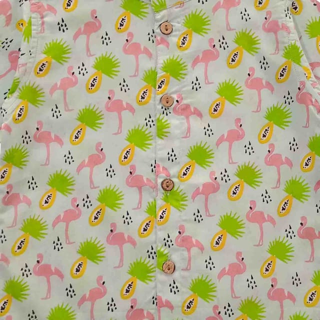 Snowflakes Boys Half Sleeve Shirt With Flamingo Prints - Light Green