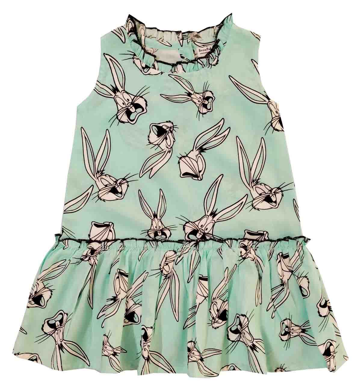 Snowflakes Girls Dress With Bunny Prints  -Blue