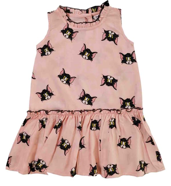 Snowflakes Girls Tom Cat Print Frock - Pink
