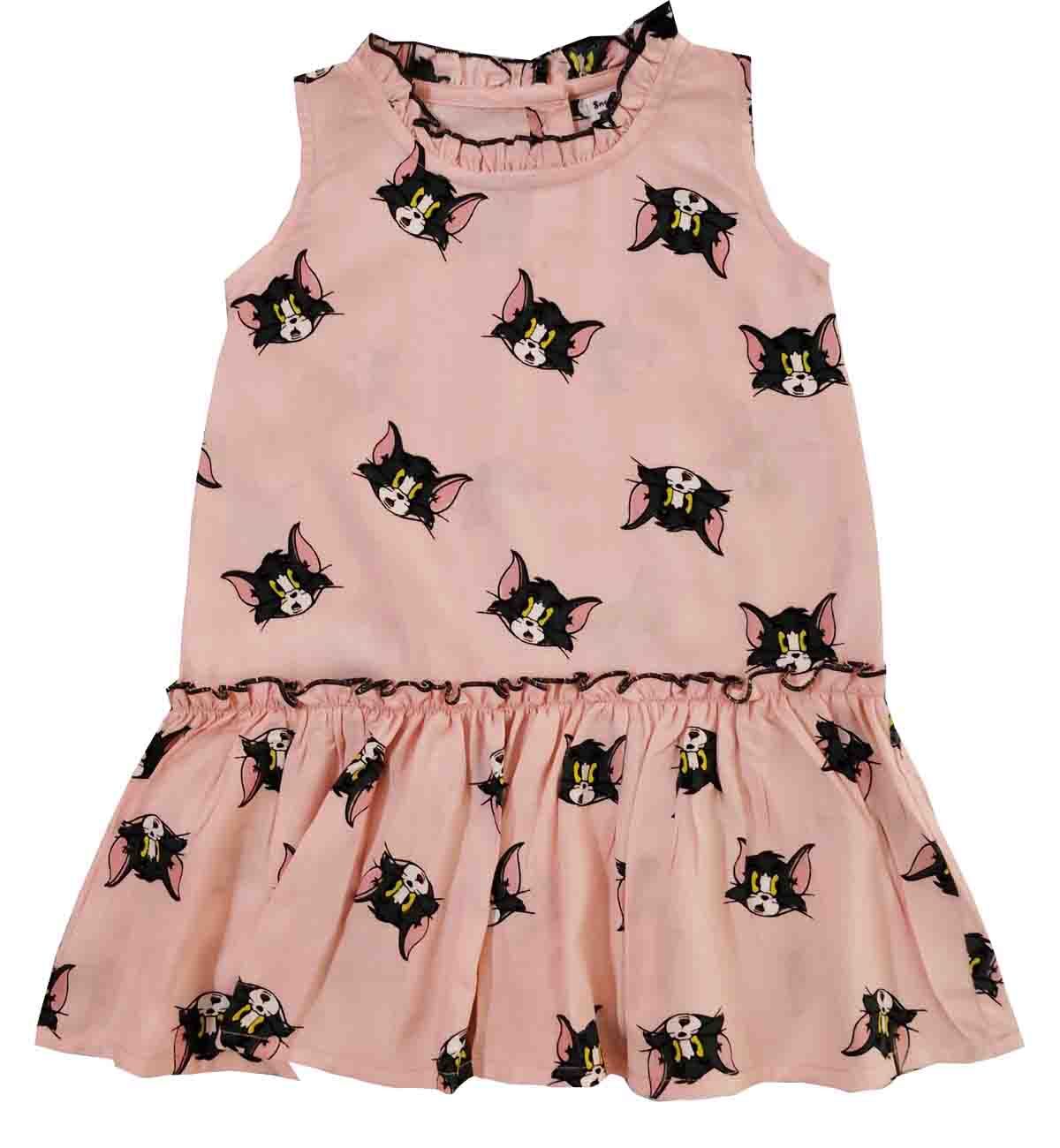 Snowflakes Girls Tom Cat Print Frock - Pink