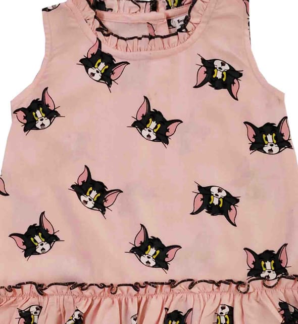 Snowflakes Girls Tom Cat Print Frock - Pink