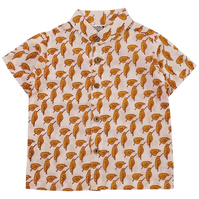 Snowflakes Boys Half Sleeve Shirt With Bird Prints - white