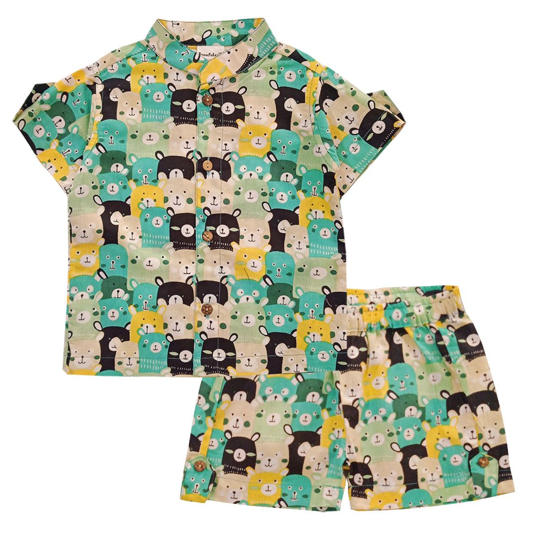 Snowflakes Unisex Cotton Co-Ord Set With Bear Prints - Multi Coloured