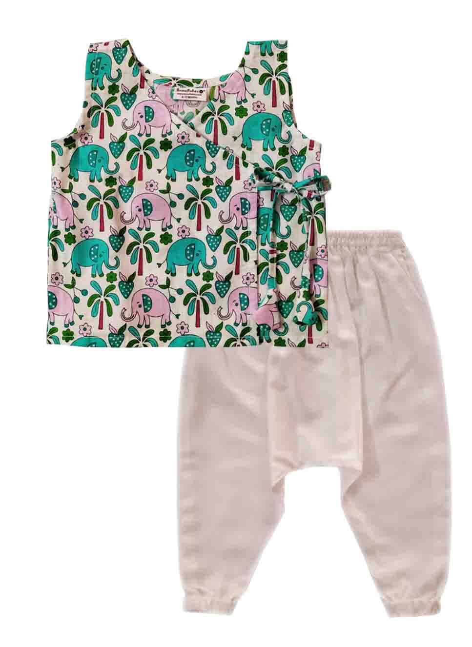 Snowflakes Unisex Infant Jabla Top With Harem Pant Set With Elephant &Tree Prints - white