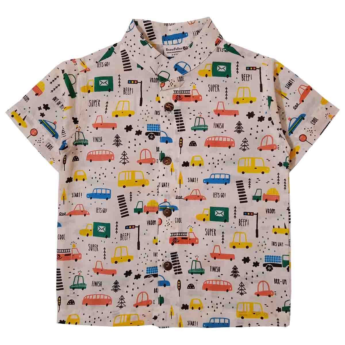 Snowflakes Boys Half Sleeve Shirt With Vehicle Prints - White