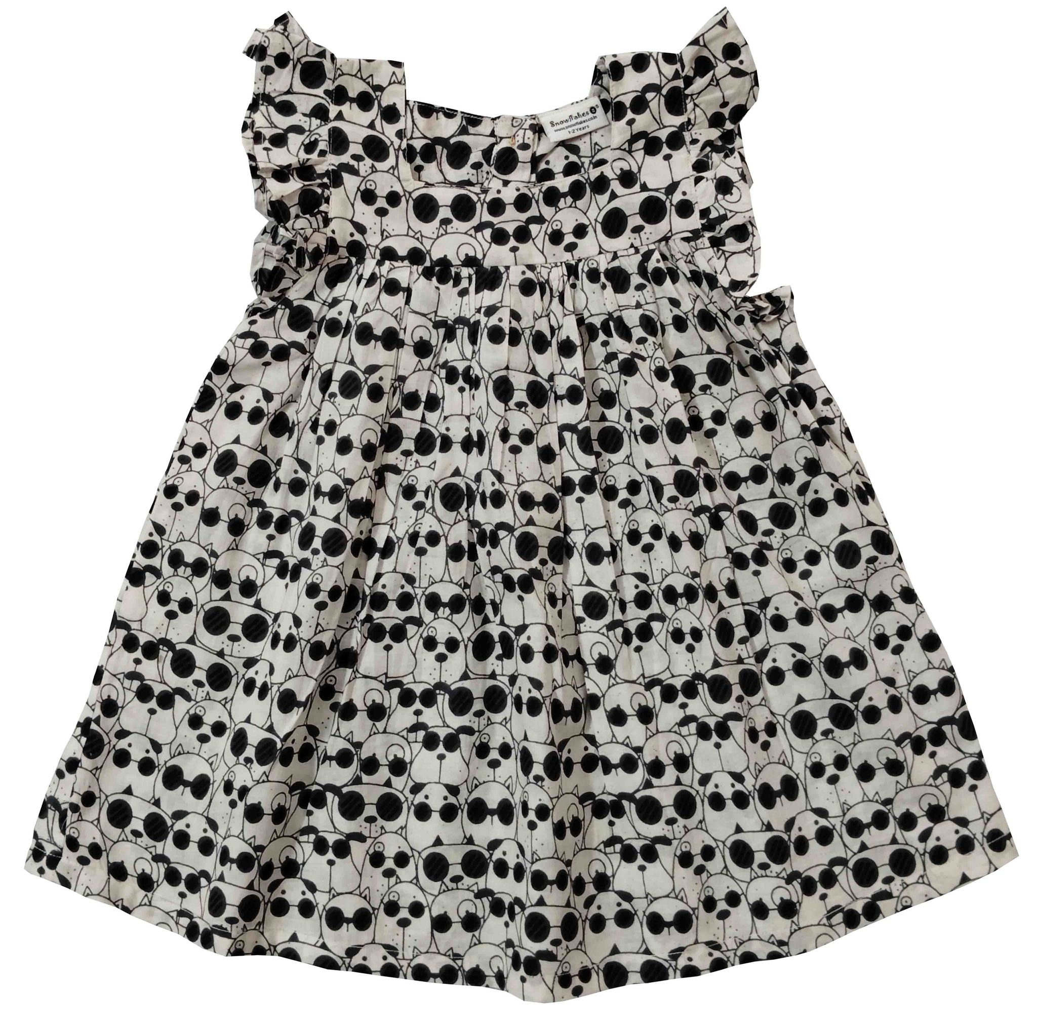 Snowflakes Girls Dress With Dog Prints - White