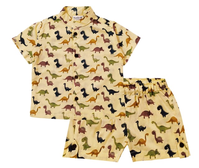Snowflakes Unisex Cotton Co-Ord Set With Dino Prints - White