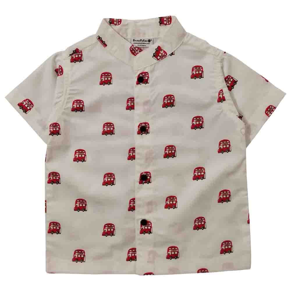 Snowflakes Boys Half Sleeve Shirt With London Bus Prints - White