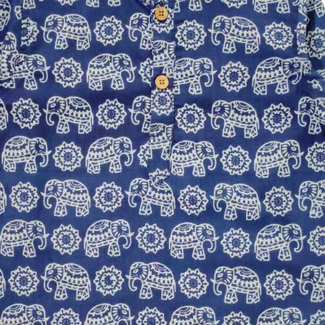Snowflakes Boys Kurta With Elephant Prints & Pyjama Set - Blue