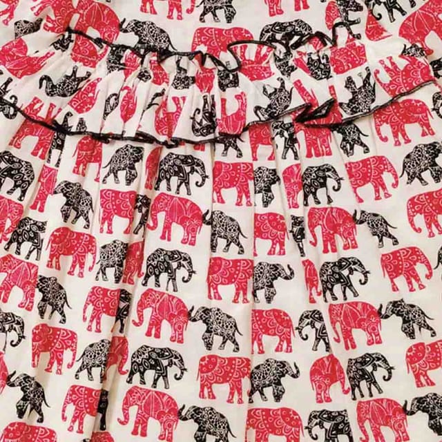Snowflakes Girls 3/4th Sleeves Frock With Elephant Print - Red & Black