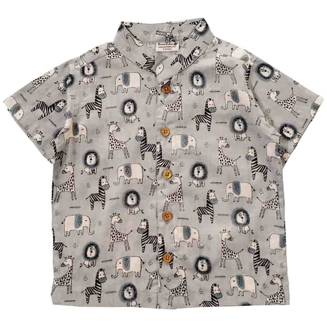 Snowflakes Boys Half Sleeve Cotton Shirt With Animal Prints - Grey