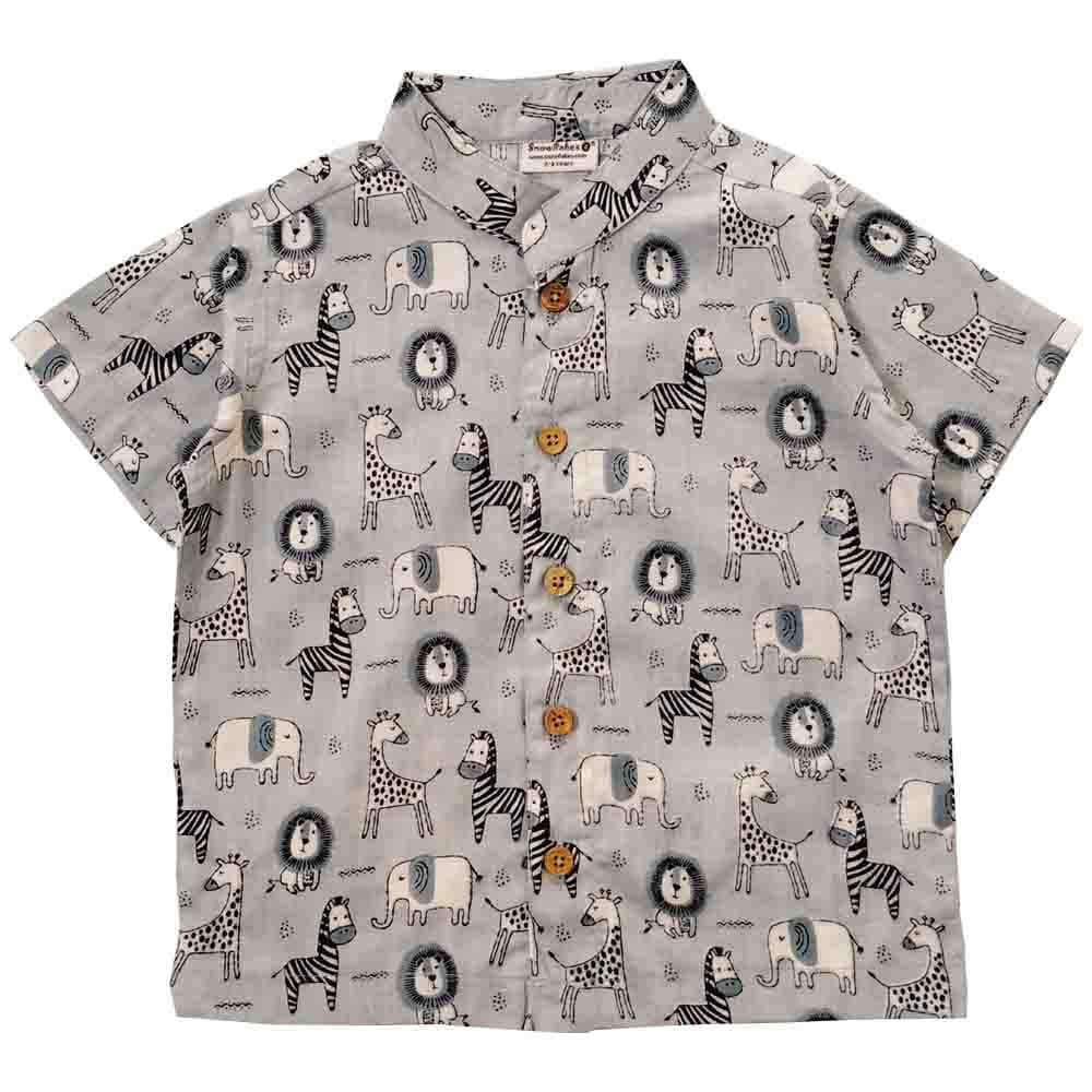 Snowflakes Boys Half Sleeve Cotton Shirt With Animal Prints - Grey