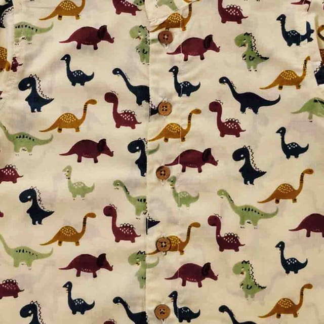 Snowflakes Boys Half Sleeve Cotton Shirt With Dino Prints - Off White