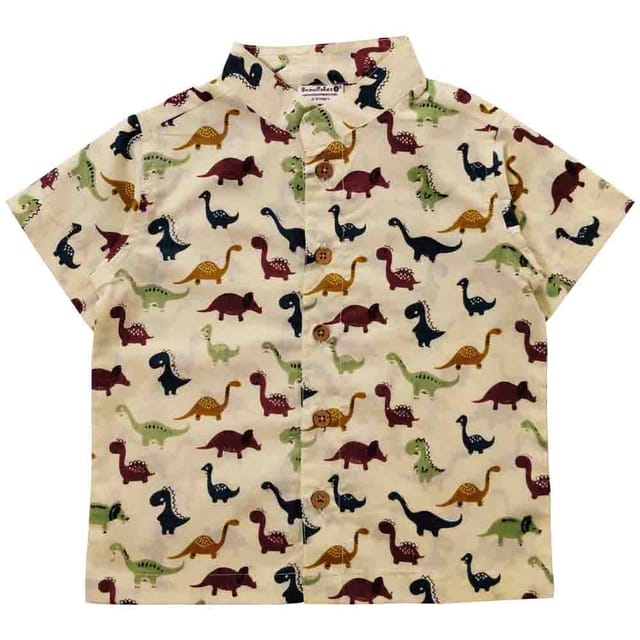 Snowflakes Boys Half Sleeve Cotton Shirt With Dino Prints - Off White