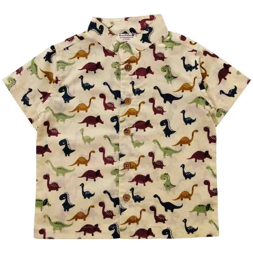 Snowflakes Boys Half Sleeve Cotton Shirt With Dino Prints - Off White