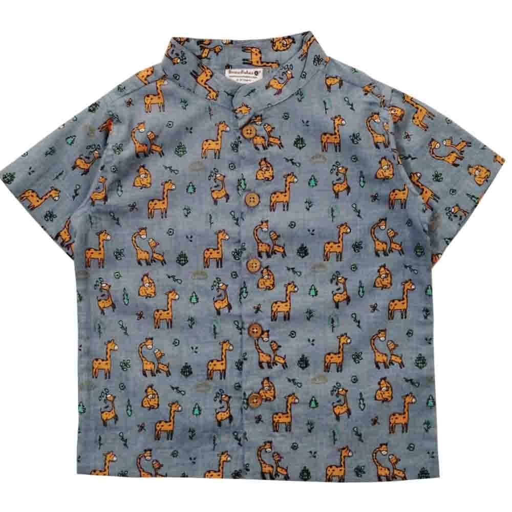 Snowflakes Boys Half Sleeve Cotton Shirt With Giraffe Prints - Grey