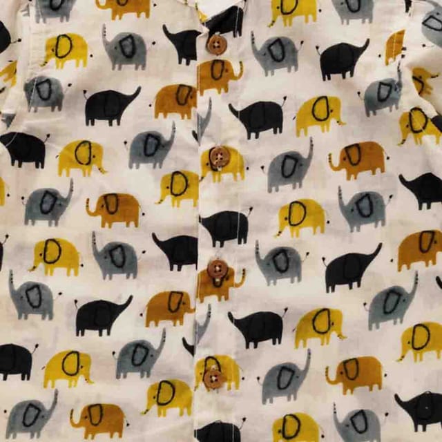 Snowflakes Boys Half Sleeve Cotton Shirt With Elephant Prints - Off White