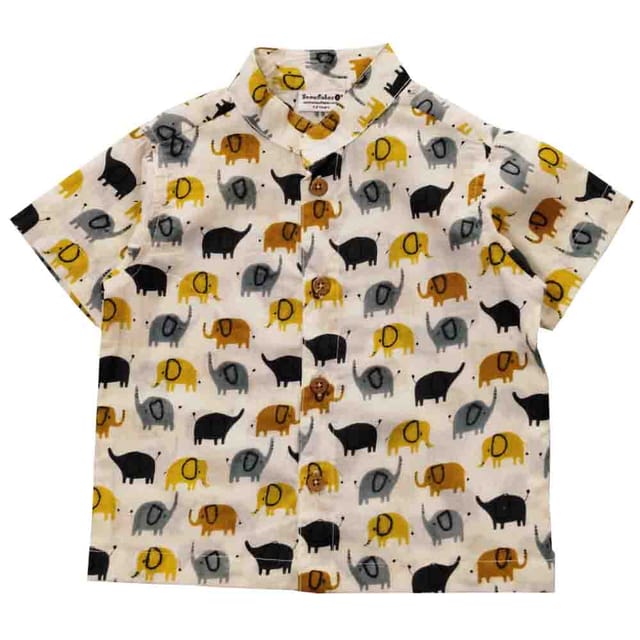 Snowflakes Boys Half Sleeve Cotton Shirt With Elephant Prints - Off White