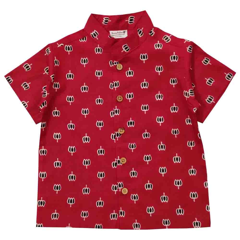 Snowflakes Boys Half Sleeve Cotton Shirt With Lotus Prints - Maroon