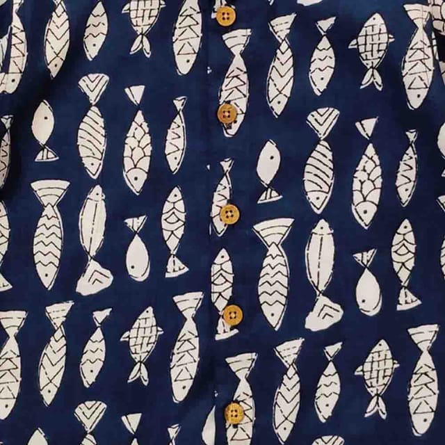 Snowflakes Boys Half Sleeve Cotton Shirt With Fish Prints - Blue