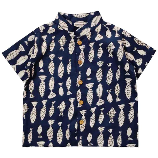 Snowflakes Boys Half Sleeve Cotton Shirt With Fish Prints - Blue